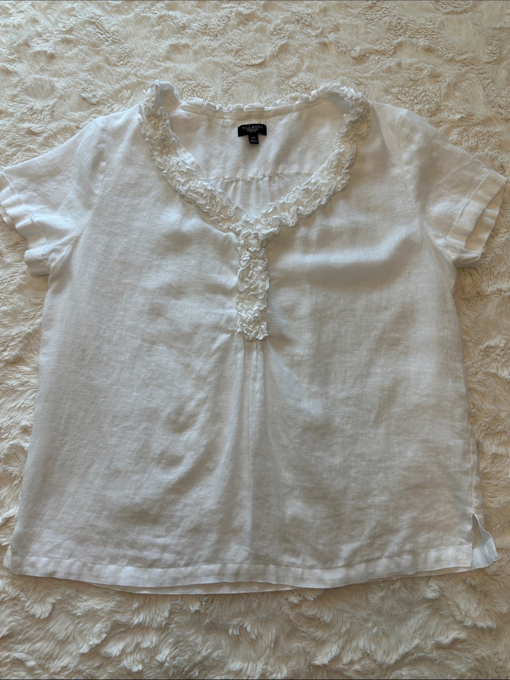 Talbots White Ruffle-Trim Short Sleeve Blouse- Size 14 Petite